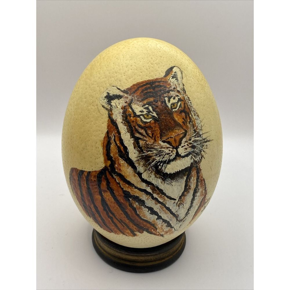 Signed Tiger Hand Painted‎ Ostrich Egg 6" with Stand by Joan Jarrell